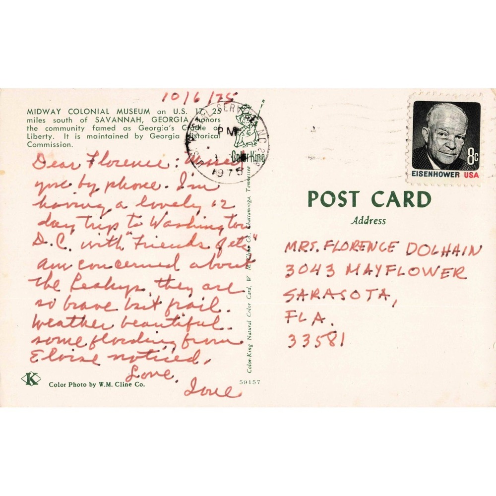 Midway Colonial Museum Savannah Georgia Vintage Postcard 1975 Postmark VG - Picture 2 of 2